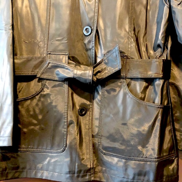 Urban Behavior Shiny Black Faux Leather Trench Coat Button Down Front & Belt Tie - Picture 4 of 5